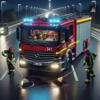 A realistic nighttime scene of a German fire department operation involving a small, barely visible .jpeg